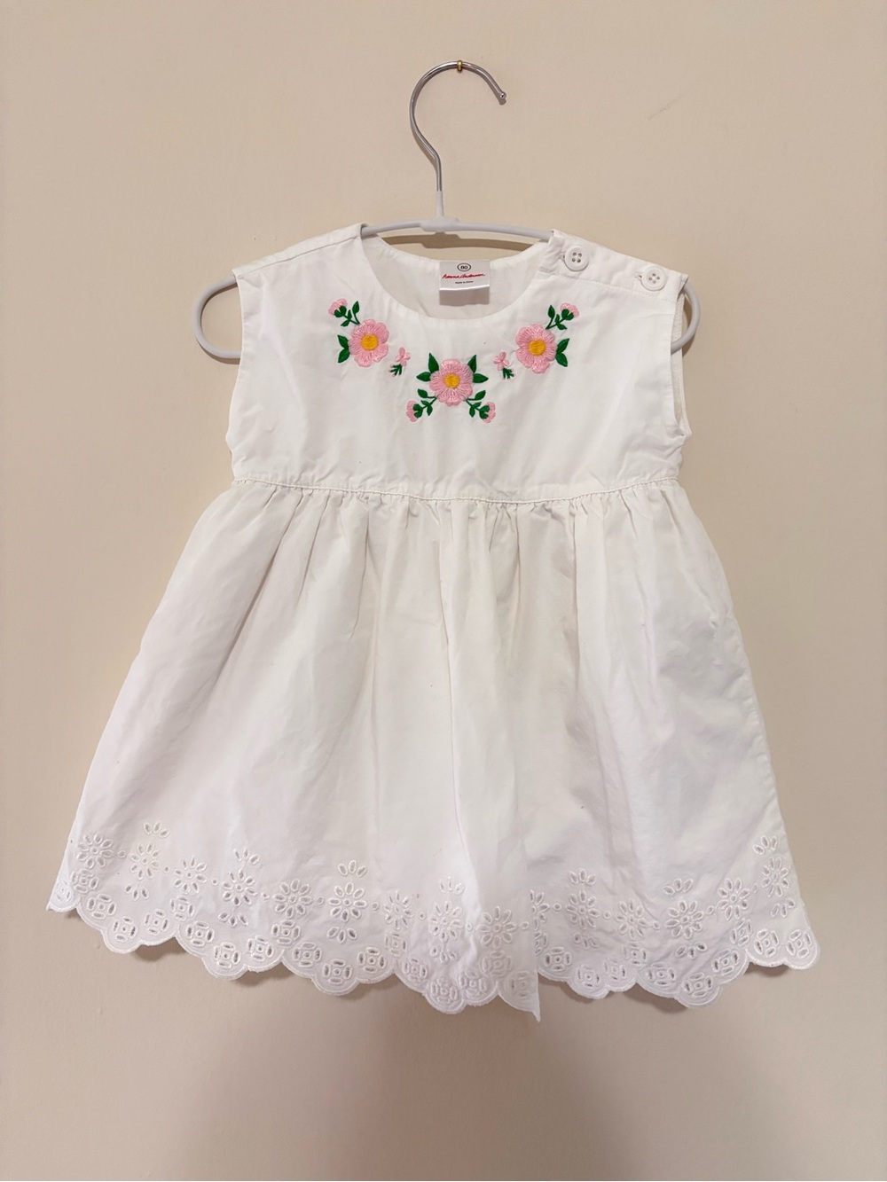 Hanna Andersson 100% Cotton White Floral Embroidered Baby Girl Dress Sleeveless